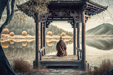 Ein meditierender Mönch vor einer wunderschönen Landschaftskulisse Ruhe Calm Innere Ruhe Seelenfrieden Zufriedenheit Generative AI Digital Art Background Hintergrund  Illustration Cover 