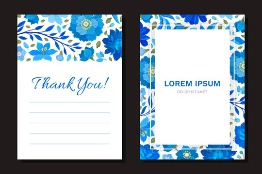 Blue Flowers Greeting Card Design with Blooming Flora and Twigs Vector Template