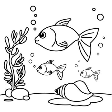 Under water with fish cartoon characters vector illustration.