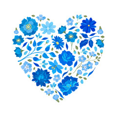 Blue Flowers Heart Shaped Composition Design with Blooming Flora and Twigs Vector Template