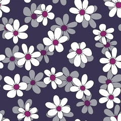Seamless floral pattern based on traditional folk art ornaments. Colorful chamomile, daisy flowers on color background. Doodle style. Vector illustration. Simple minimalistic pattern