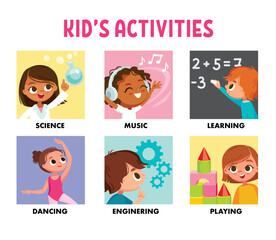 Set collection of vector icons for childrens books, smartphone apps.Child, kid style pictures, images about, on topic of science, music, learning, dancing. engineering, playing different poses, outfit