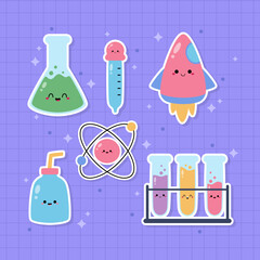 Hand drawn cute kawaii science themed sticker set illustration vector design
