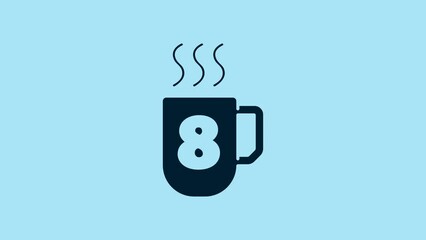 Blue Coffee cup with 8 March icon isolated on blue background. Tea cup. Hot drink coffee. International Happy Women Day. 4K Video motion graphic animation