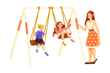 Young Mother with Her Children Swinging on Playground Vector Illustration
