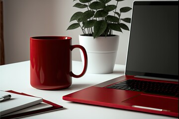 laptop and red cup of coffee on white table, ai generated