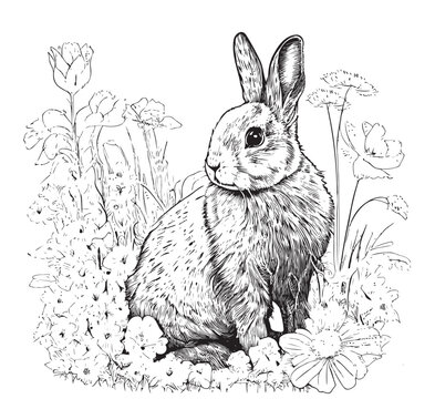 Rabbit in flowers sketch hand drawn in doodle style Vector illustration.