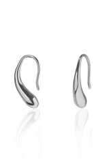 Subject shot of shiny silver earrings made as a drop. The original minimalistic silvery drop earrings are isolated on the white background. Vogue accessory for ladies and girls.