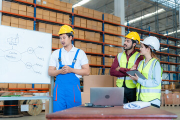 Team meeting in distribution warehouse