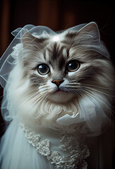 A cat wearing bridal gown. Generative AI.