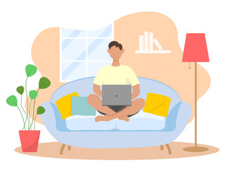 Man is sitting with laptop on the sofa at home. Working on a computer. Freelance, online education or social media concept. Vector illustration isolated on white