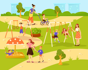 Mother with Children on Playground Enjoying Walking Outdoor Vector Illustration