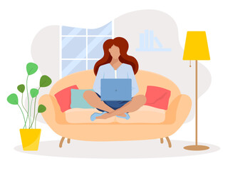 Obraz premium Home office concept, woman working from home sitting on a sofa, student or freelancer.Freelance or studying concept. Cute illustration in flat style.