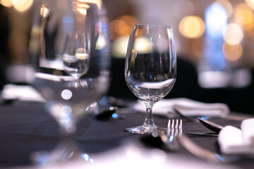 empty wine glasses on table in banquet fine dining room