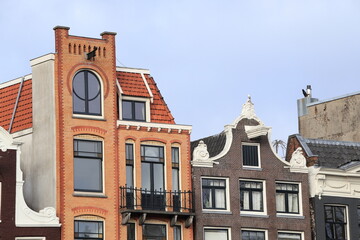 Amsterdam Singel Canal Brick House Facades Close Up, Netherlands