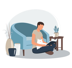 Man reading book concept. Flat vector illustration