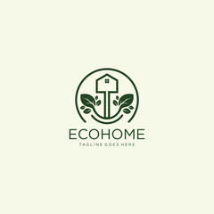 Flat green home with green leaf inside. Simple silhouette of the house with green roof and chimney. Icon isolated on white. Vector building symbol. Eco friendly house. recycle and reuse home sign art