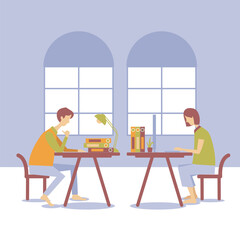 Young people sitting on a armchairs studying and reading at public library. Flat cartoon men and women surrounded by library interior. Modern colorful vector illustration.