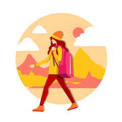 Young caucasian white traveler young girl with a backpack. Traveler girl walking. Vector cartoon illustration.