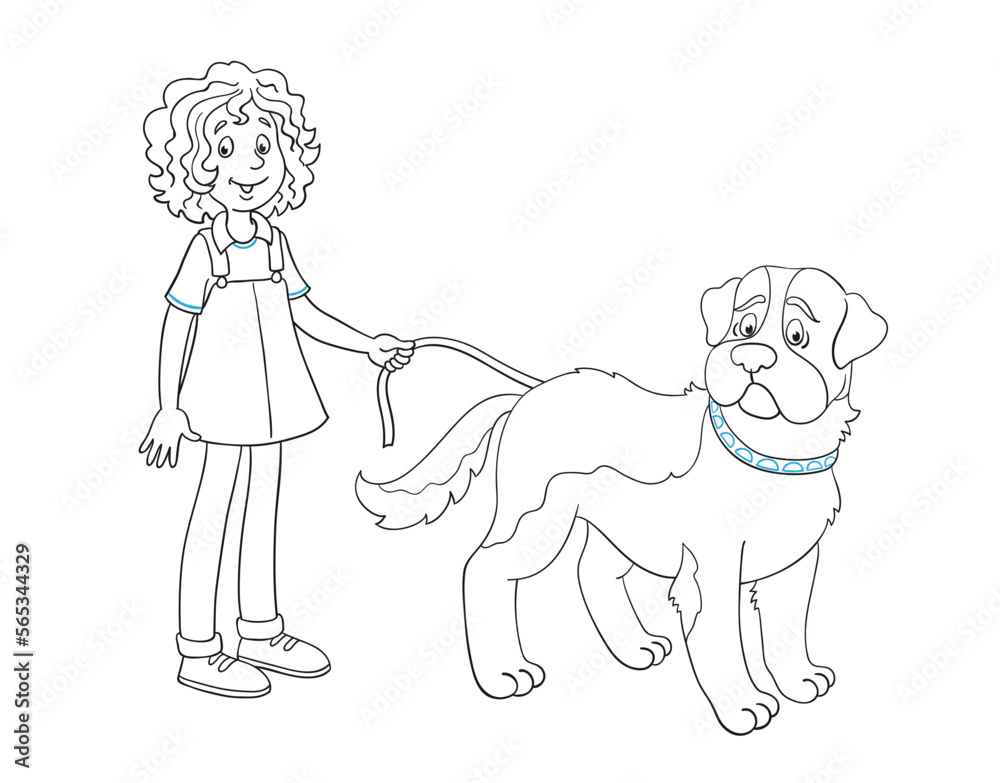 Wall mural Little cute girl with a big St. Bernard dog. Black and white picture with blue details for coloring book. In cartoon style. Isolated on white background. Vector illustration