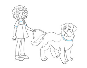 Little cute girl with a big St. Bernard dog. Black and white picture with blue details for coloring book. In cartoon style. Isolated on white background. Vector illustration