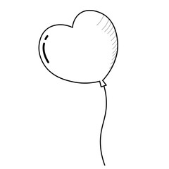 Isolated illustration black outline hand drawn balloon with string in shape of heart love, for graphic element valentine greeting
