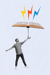 Exclusive magazine picture sketch collage image of excited guy flying open book parasol isolated...