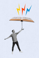Exclusive magazine picture sketch collage image of excited guy flying open book parasol isolated painting background © deagreez