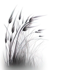 Winter, blades of grasses. Silhouettes of grasses. Winter cold mood. Copy space. Light grey/white background. Illustration, generative AI.