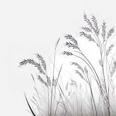 Winter, blades of grasses. Silhouettes of grasses. Winter cold mood. Copy space. Light grey/white background. Illustration, generative AI.