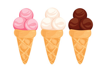 Set of ice cream in a waffle cup.Pink,chocolate.white ice cream.Vector illustration isolated on white background.