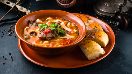 Lagman soup with beef, noodles, sweet peppers, onions and herbs.