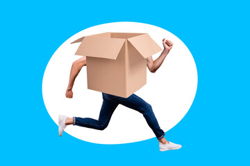 Creative photo 3d collage artwork poster picture of crazy man hurrying special offer buy cool...