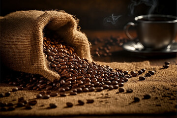 Rustic photo of Coffee beans in a sack ai generative - obrazy, fototapety, plakaty