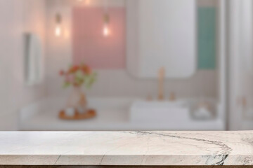 Empty marble top table with blurred bathroom interior Background. for product display.
