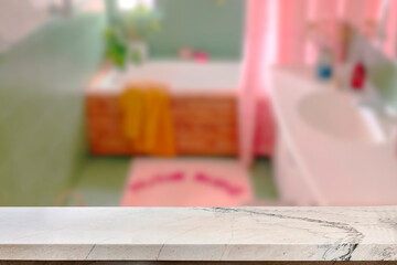 Empty marble top table with blurred bathroom interior Background. for product display.
