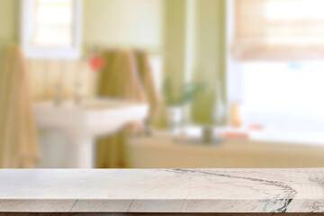 Empty marble top table with blurred bathroom interior Background. for product display.
