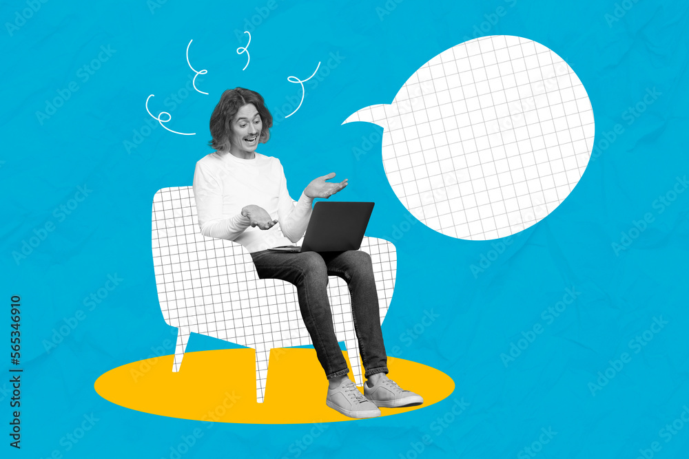 Aufkleber photo sketch graphics collage artwork picture of smiling happy guy talking modern device empty space