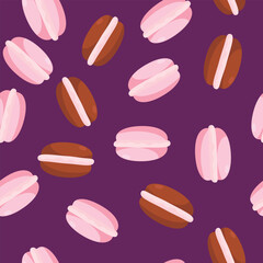 Seamless pattern chocolate and raspberry macarons in cartoon style. Pattern for textiles, kitchen design and towels and aprons, children's fabrics and wraps.