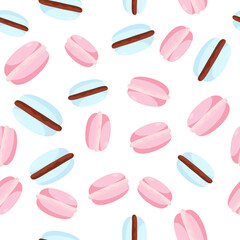 Seamless texture of pink macarons on a white background.