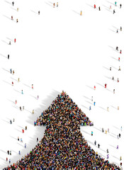 Crowd of people gathered in the shape of a vertical arrow pointing up towards empty space for text, presentation concept, top view, on white background
