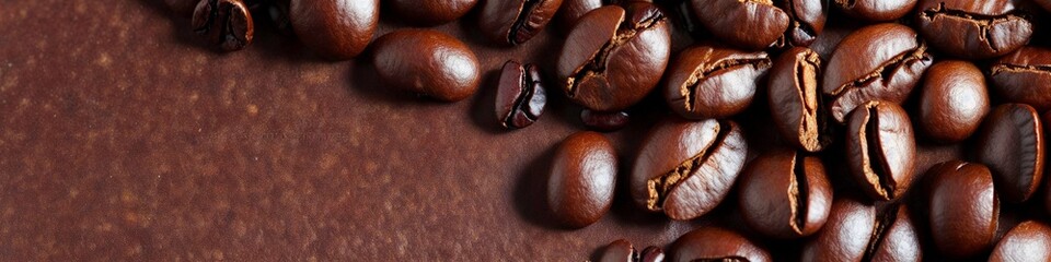 Illustration photo top shot of coffee beans spread out  on a table, clear background, ultrawide, with free space for editing