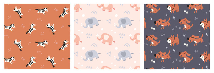 Vector colorful seamless baby pattern, print with cartoon zebra, elephant and dog for children, kids clothes, wear, apparel