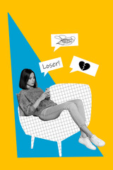 Poster magazine template collage of sad millennial girl sit chair use smart device addicted social media read bullying insults