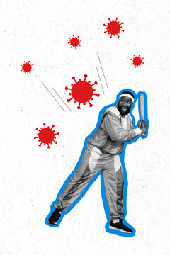 Surreal poster collage of strong man shooting baseball bat fight against dangerous virus on white color background
