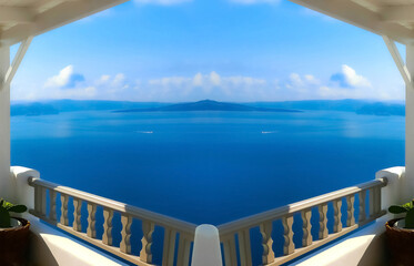 Fototapeta na wymiar Beautiful sea view from the balcony. Oia town, Santorini island, Greece.