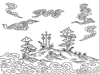 Design Asian Landscape Painting Outline