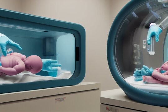 Photo Of A Premature Baby In Incubator. Focus Is On His Feet. Nurse In Blue Gloves Is Using The Feeding Tube For Feeding Premature Baby. Neonatal Intensive Care Unit. Generative AI