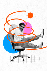 Creative photo 3d collage artwork poster picture of crazy office man sitting riding comfy chair have fun isolated on painting background