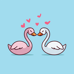 Cute swan couple love heart cartoon vector illustration animal nature isolated free